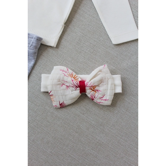 3-6 6-9 9-12 Ay Matmazel Yaka Fırfır Detaylı Bandanalı Uzun Kollu Sweat 3lü Kız Bebek Takımı Ekru