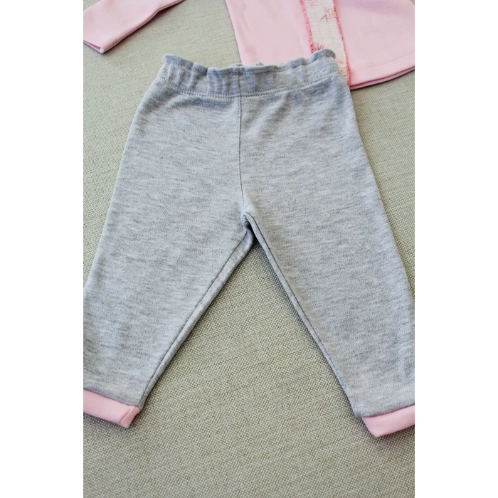 3-6 6-9 9-12 Ay Matmazel Yaka Fırfır Detaylı Bandanalı Uzun Kollu Sweat 3lü Kız Bebek Takımı Pembe