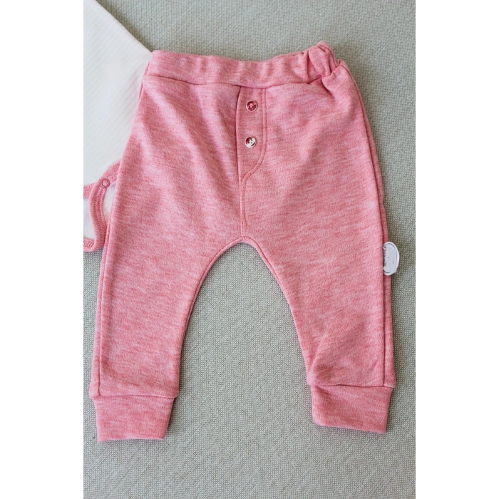 3-6 6-9 9-12 Ay Melanjlı Uzun Kollu Zıbınlı 2li Kız Bebek Takımı Pembe