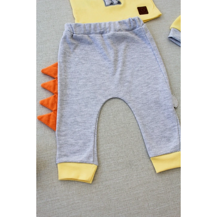 3-6 6-9 9-12 Ay Minik Dino Nakışlı Şapkalı Uzun Kollu Sweat 3lü Kız-erkek Bebek Takımı Sarı