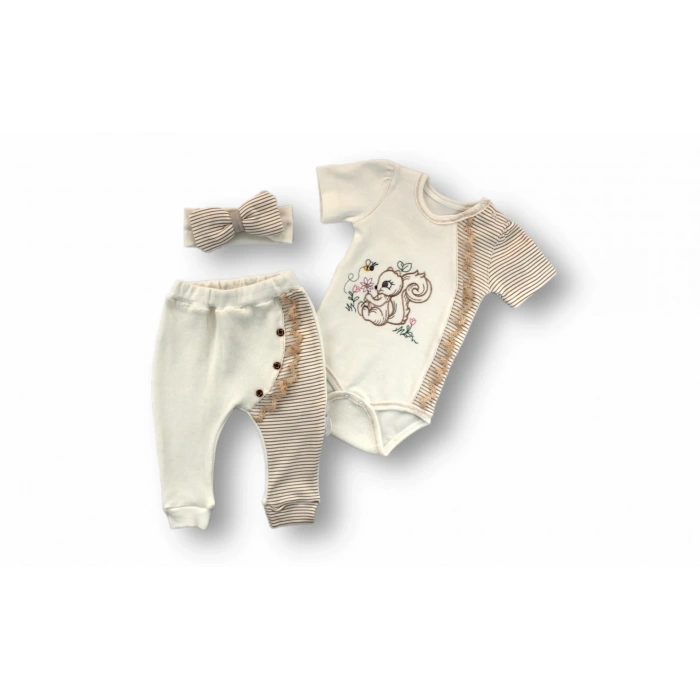 3-6 6-9 9-12 Ay Minik Sincap Nakışlı Şapkalı Uzun Kollu Zıbınlı 3lü Kız Bebek Takımı Kahverengi