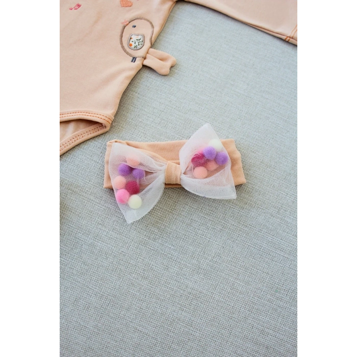 3-6 6-9 9-12 Ay Şarkıcı Kuşlar Nakışlı Bandanalı Uzun Kollu Zıbınlı 3lü Kız Bebek Takımı Buğday