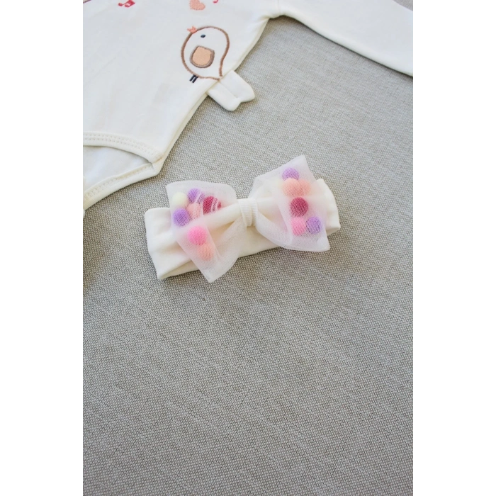 3-6 6-9 9-12 Ay Şarkıcı Kuşlar Nakışlı Bandanalı Uzun Kollu Zıbınlı 3lü Kız Bebek Takımı Ekru