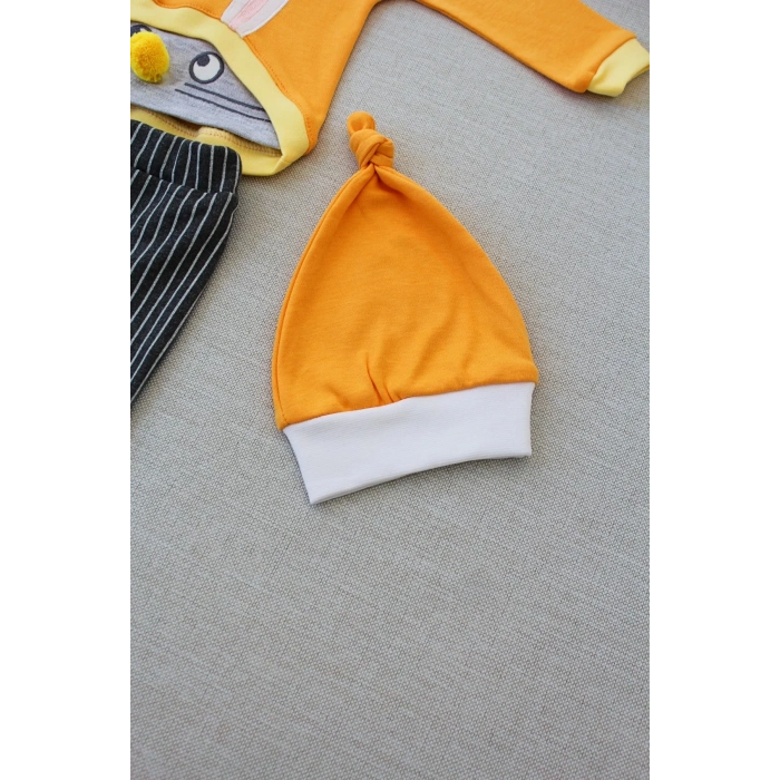 3-6 6-9 9-12 Ay Şımarık Tavşan Nakışlı Şapkalı Uzun Kollu Sweat 3lü Kız-erkek Bebek Takımı Turuncu