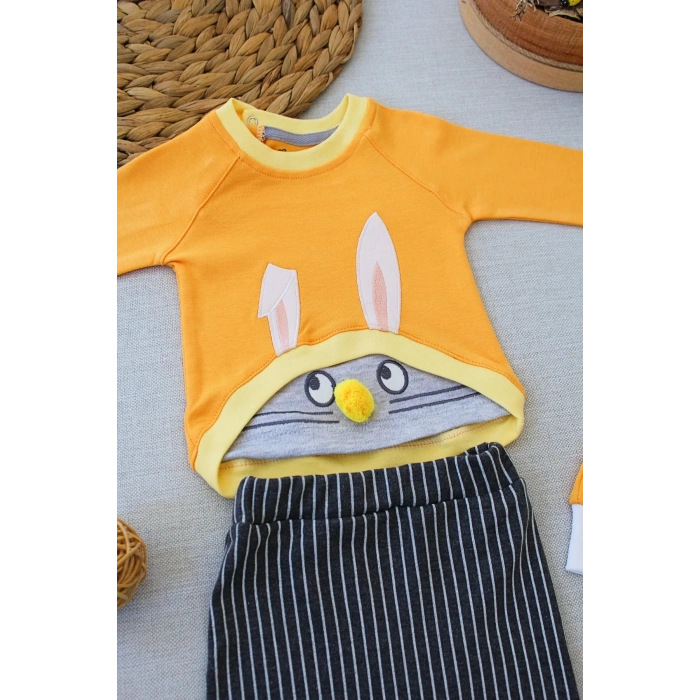 3-6 6-9 9-12 Ay Şımarık Tavşan Nakışlı Şapkalı Uzun Kollu Sweat 3lü Kız-erkek Bebek Takımı Turuncu