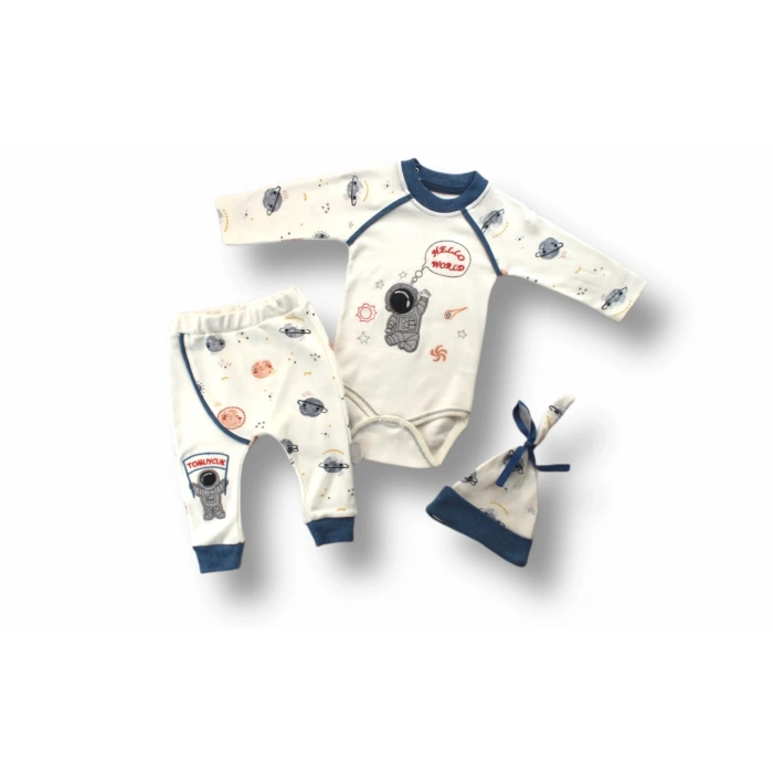 3-6 6-9 9-12 Ay Şirin Kozmonot Nakışlı Şapkalı Uzun Kollu Zıbınlı 3lü Kız-erkek Bebek Takımı Ekru