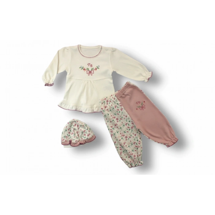 3-6 6-9 9-12 Ay Tb Çiçek Nakışlı Şapkalı Uzun Kollu Sweatli 3lü Kız Bebek Takımı Ekru