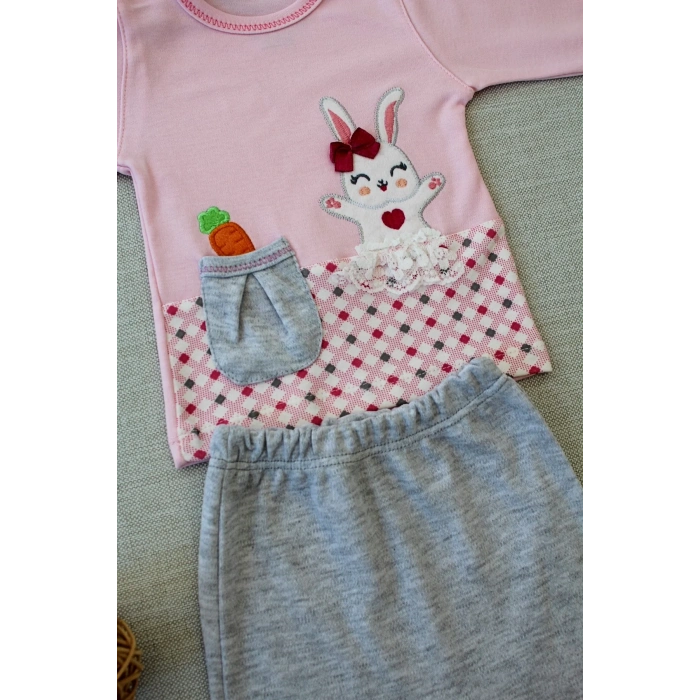 3-6 9-12 12-18 Ay Havuç Tavşan Nakışlı Bandanalı Cepli Uzun Kollu Sweatli 3lü Kız Bebek Tak Pembe