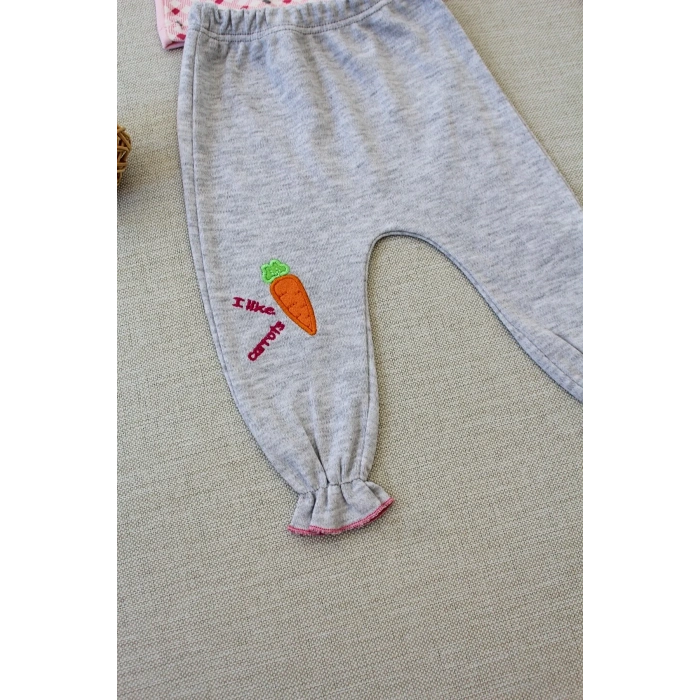 3-6 9-12 12-18 Ay Havuç Tavşan Nakışlı Bandanalı Cepli Uzun Kollu Sweatli 3lü Kız Bebek Tak Pembe