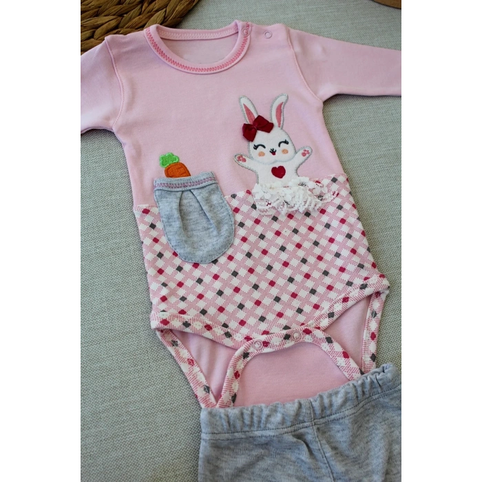 3-6 9-12 12-18 Ay Havuç Tavşan Nakışlı Bandanalı Uzun Kollu Zıbınlı 3lü Kız Bebek Tak Pembe