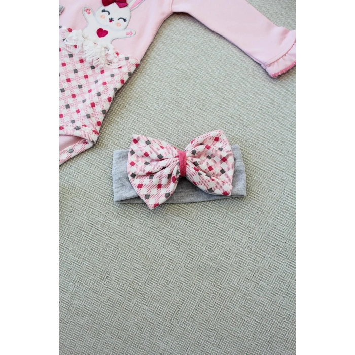 3-6 9-12 12-18 Ay Havuç Tavşan Nakışlı Bandanalı Uzun Kollu Zıbınlı 3lü Kız Bebek Tak Pembe