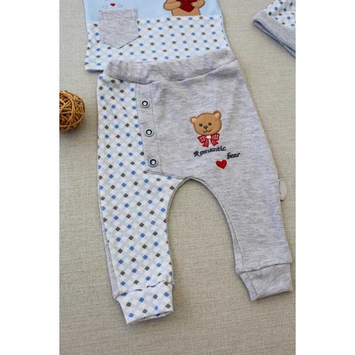 3-6 9-12 12-18 Ay Romantik Ayıcık Nakışlı Şapkalı Uzun Kollu Sweatli 3lü Kız-erkek Bebek Takımı Mavi