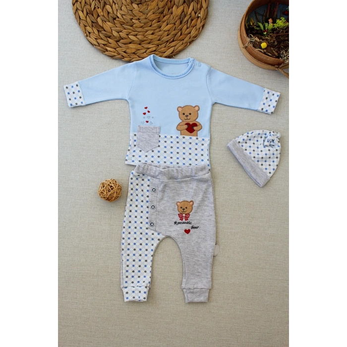 3-6 9-12 12-18 Ay Romantik Ayıcık Nakışlı Şapkalı Uzun Kollu Sweatli 3lü Kız-erkek Bebek Takımı Mavi