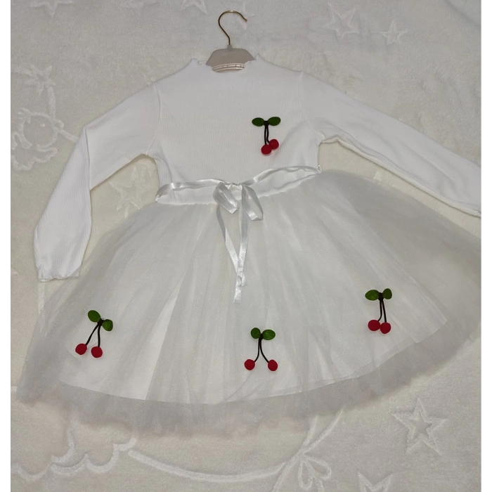 5-6-7 Yaş Kiraz Desenli Kurdela Kuşaklı Astarlı Uzun Kollu Kız Çocuk Tütü Elbise Beyaz