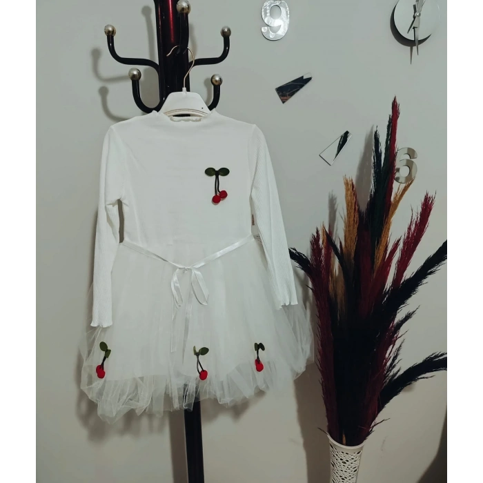 5-6-7 Yaş Kiraz Desenli Kurdela Kuşaklı Astarlı Uzun Kollu Kız Çocuk Tütü Elbise Beyaz