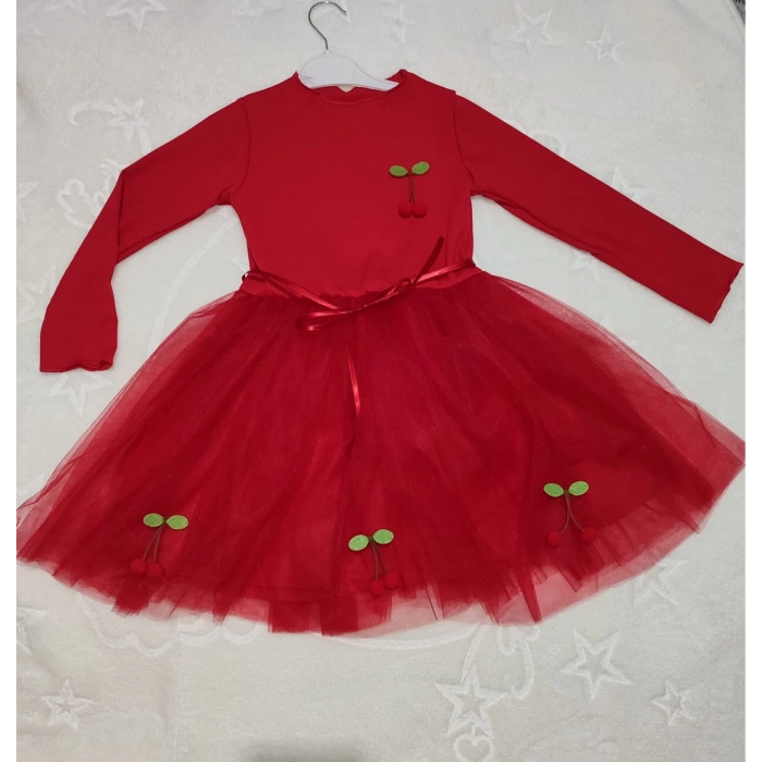 5-6-7 Yaş Kiraz Desenli Kurdela Kuşaklı Astarlı Uzun Kollu Kız Çocuk Tütü Elbise Kırmızı