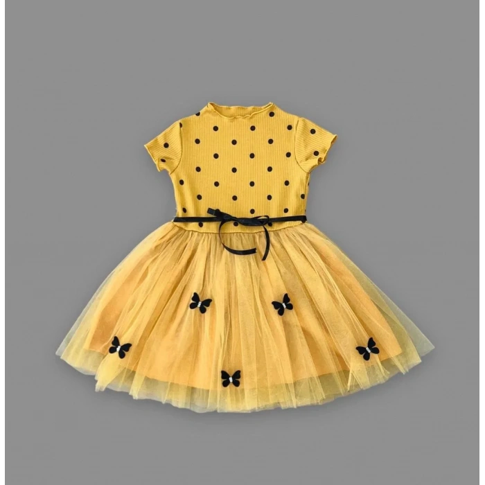 5-6-7 Yaş Puantiyeli Kelebek Etekli Astarlı Kız Çocuk Elbisesi Hardal