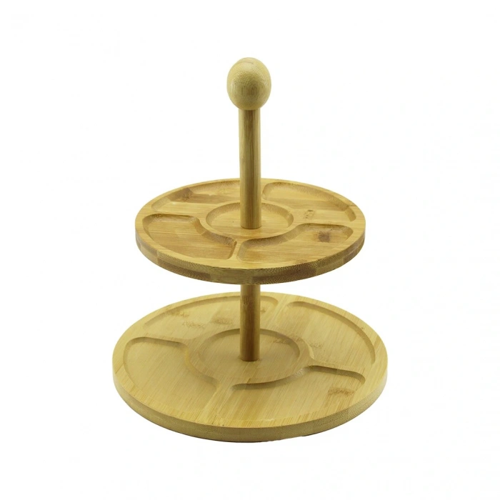 5 Bölmeli - Yuvarlak - 2 Katlı  Ahşap Bambu Sunumluk  Çap: 19.5cm -- 24.5cm (4172)