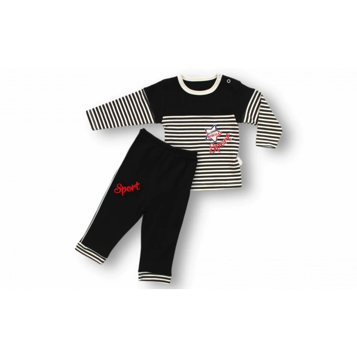 6-9 9-12 12-18 18-24 24-36 Ay Sport Baskılı Çizgili Uzun Kollu Sweatli 2li Erkek Bebek Takımı Siyah