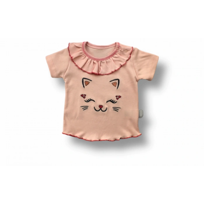 6-9 9-12 12-18 Ay Vip Kedi Baskılı Bandanalı Kısa Kollu Sweat 3lü Kız Bebek Takımı Pudra