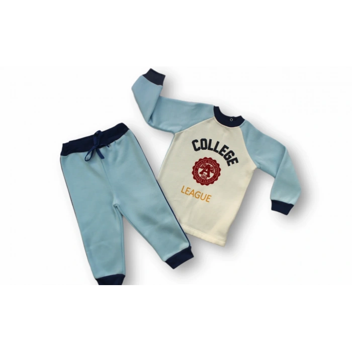 9-12 12-18 18-24 24-36 Ay College Baskılı 3 İplik Kumaş Uzun Kollu Sweatli 2li Erkek Bebek Takımı Mavi