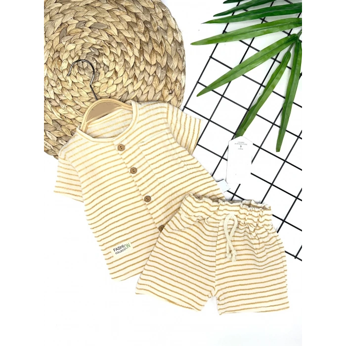 9-12-18-24 Ay Düğme Detaylı Çizgili Müslin Kumaş Yazlık 2li Erkek Bebek Takımı