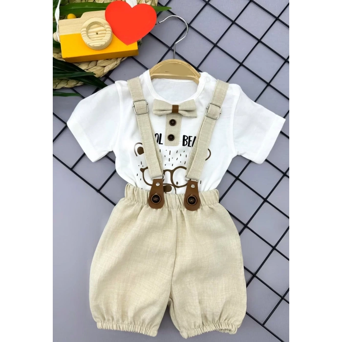 9-12-18-24 Ay Papyon Detaylı Keten Şort Salopet Tişörtlü 2li Erkek Bebek Takımı