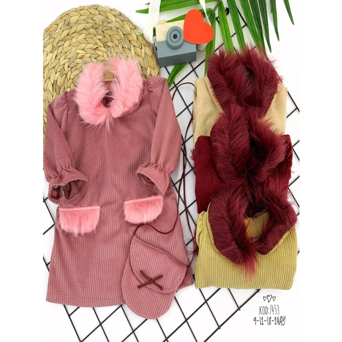 9-12-18-24 Ay Tüylü Yaka Ve Cep Kapaklı Çantalı Fitilli Kadife Uzun Kollu 2li Kız Bebek Elbisesi Pembe