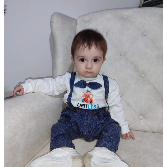 9-12-18 Ay Papyonlu Sweat Kot Pantolon 2li Erkek Bebek Salopet Takımı Lacivert