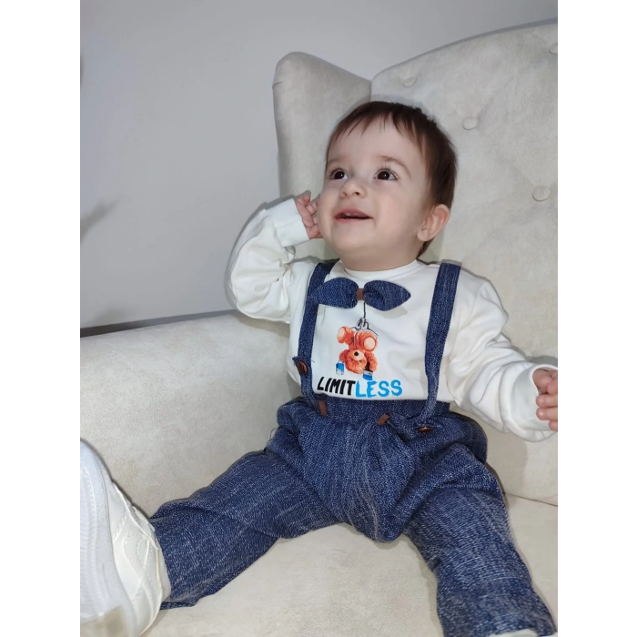 9-12-18 Ay Papyonlu Sweat Kot Pantolon 2li Erkek Bebek Salopet Takımı Lacivert