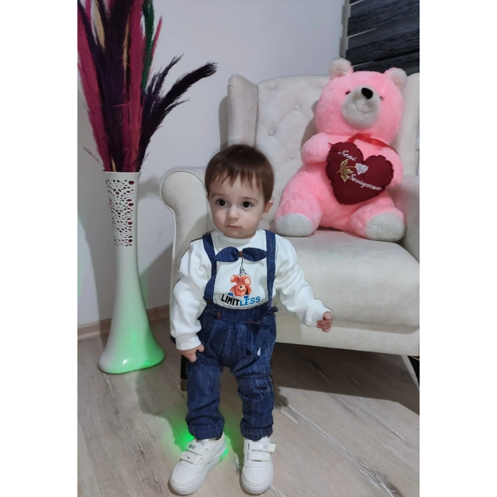 9-12-18 Ay Papyonlu Sweat Kot Pantolon 2li Erkek Bebek Salopet Takımı Lacivert