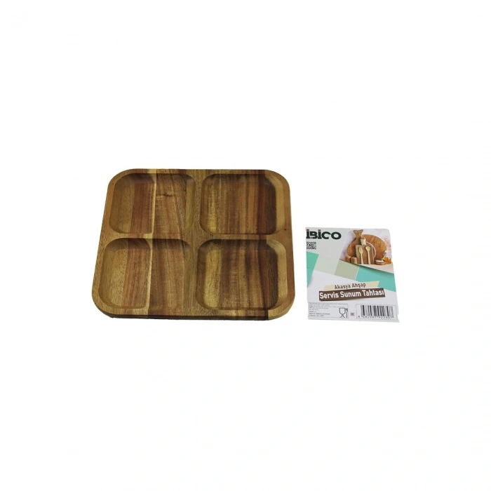 Akasya Kare 4 Bölmeli  Ahşap Servis Sunum Tepsi - Tahtası  20 X 1.4cm (4172)