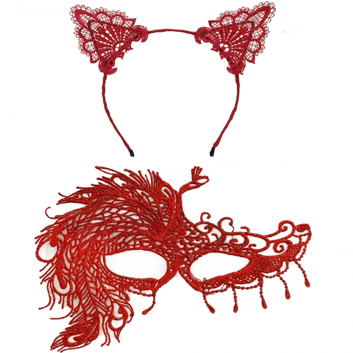 Alevin Zarafeti Kırmızı Dantel Maske Ve Taç Seti 4 No – Kadın Kostüm Tamamlayıcı (4172)