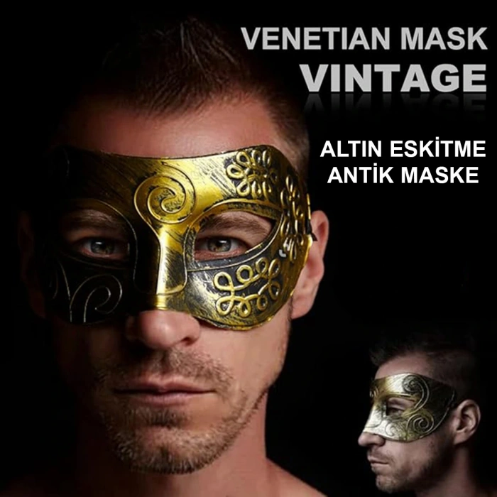 Altın Eskitme Yüz Maskesi - Antik Tarz Balo Maskesi (4172)