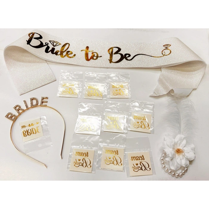 Altın Renk Bride Partisi Taç Kuşak Dövme Bileklik Seti Full 13 Parça (4172)