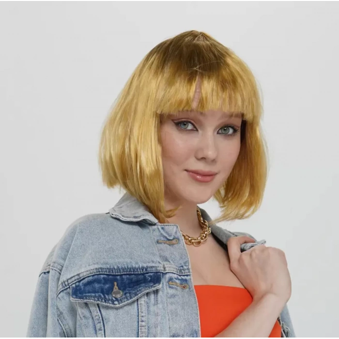 Altın Renk Düz Kesim Küt Parti Peruğu Kısa Takma Saç (4172)