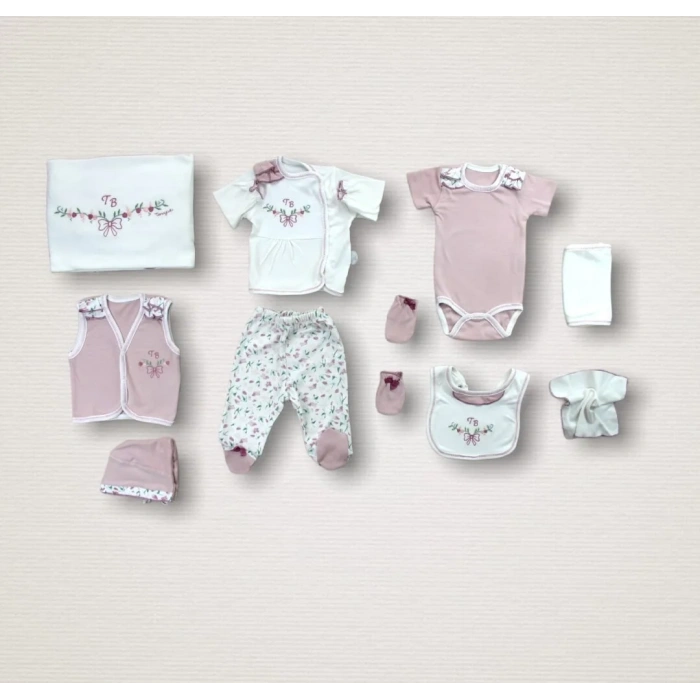 Bahar Çiçekleri Nakışlı  10lu Zıbın Takımı Hastane Çıkışı Gül Kurusu