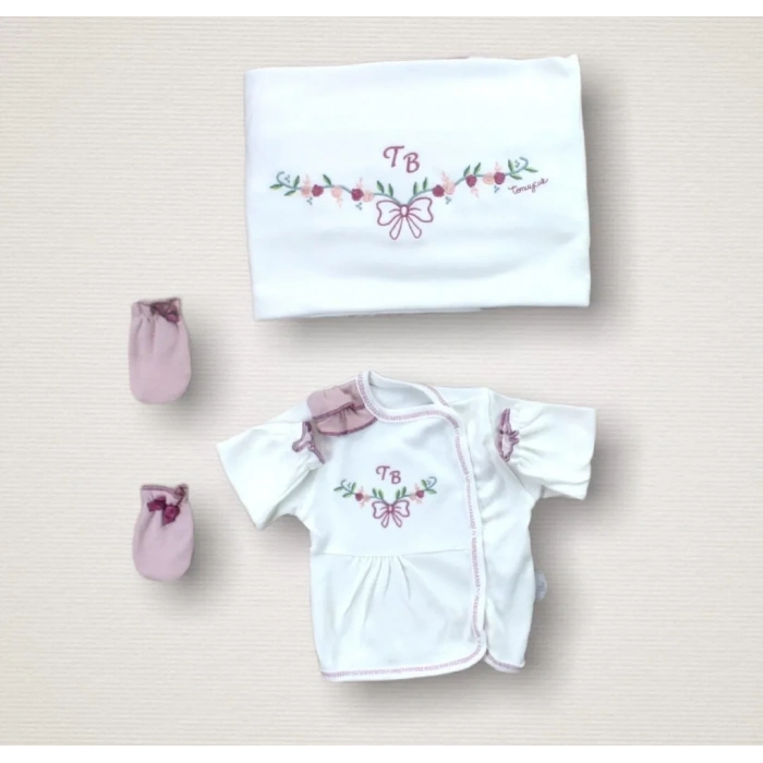 Bahar Çiçekleri Nakışlı  10lu Zıbın Takımı Hastane Çıkışı Gül Kurusu