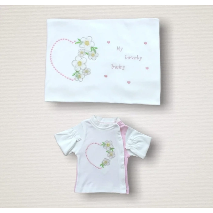 Baharın Çiçekli Kalbi Nakışlı  10lu Zıbın Takımı Hastane Çıkışı Pembe