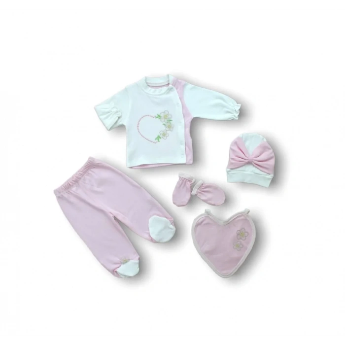 Baharın Çiçekli Kalbi Nakışlı  5li Zıbın Takımı Hastane Çıkışı Pembe