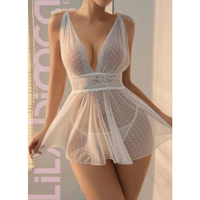 Beyaz Dantel İşlemeli Tül Fantezi Gecelik