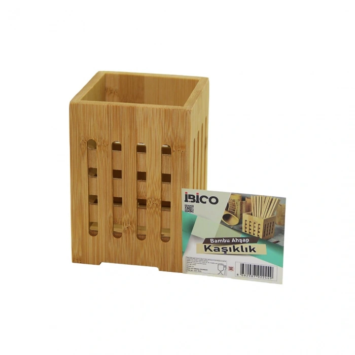 Büyük - Pencereli  Kare=10x10cm  Ahşap Bambu Kaşıklık Organizer (4172)