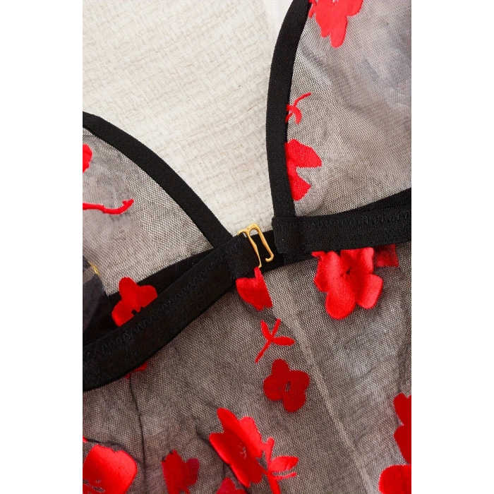 Çiçek Desenli Siyah Transparan Gecelik Tm1319