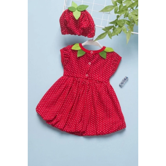 Çilek Bebekler Penye Kumaş Kısa Kol Bebek Elbisesi Kırmızı