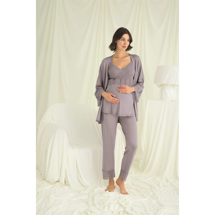 Dantelli Hamile Lohusa 3lü Pijama Takımı