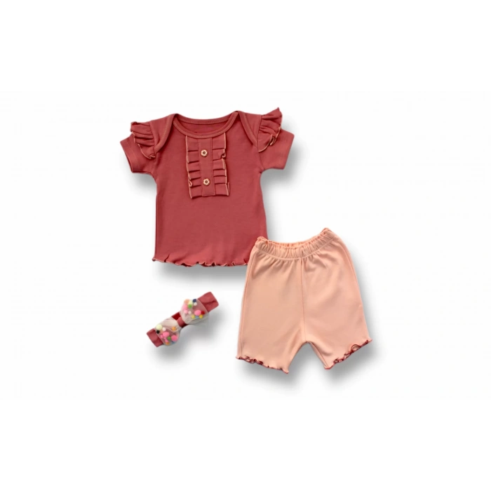 Düğme Detaylı Bandanalı Kısa Kollu Sweat 3lü Kız Bebek Takımı Gül Kurusu