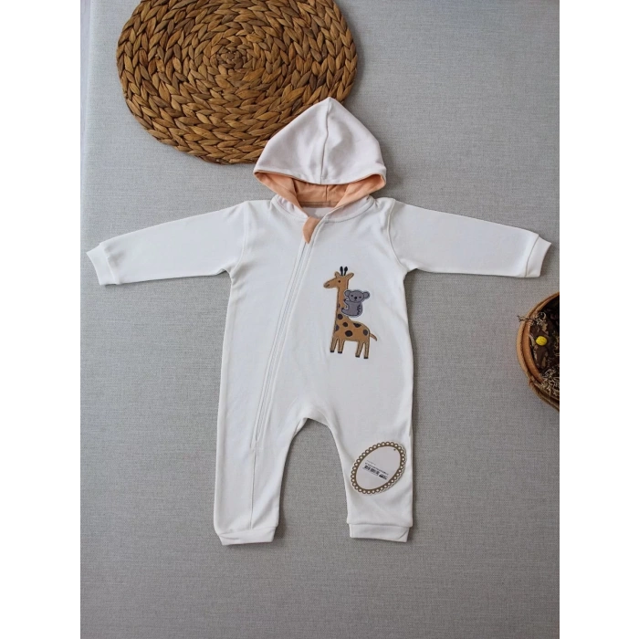 Ef Çizgi Boy Fermuarlı Zürafa Nakışlı Kapşonlu Kız Erkek Bebek Tulumu Ekru