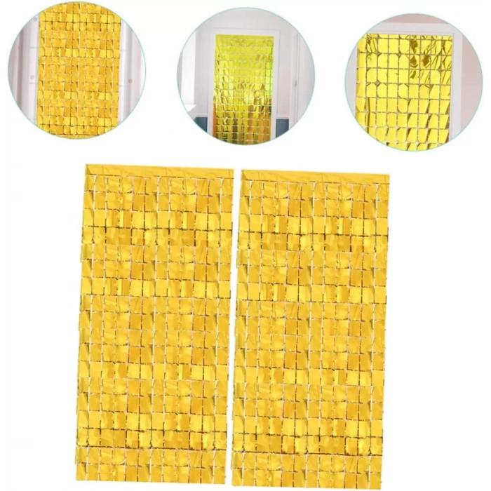 Ekstra Metalize Altın Renk Disko Dikdörtgen Kesim Kapı Perdesi Dekorasyon 1x2 Metre (4172)