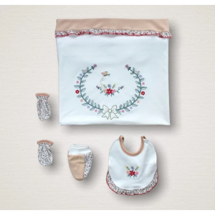 Erguvan Taç Nakışlı  Kız Bebek 10lu Zıbın Takımı Hastane Çıkışı Nar Çiçeği