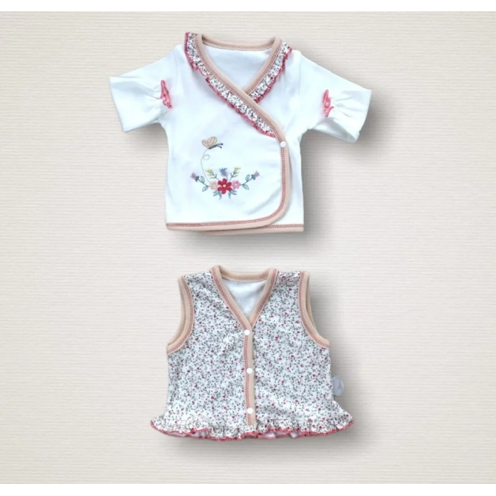 Erguvan Taç Nakışlı  Kız Bebek 10lu Zıbın Takımı Hastane Çıkışı Nar Çiçeği